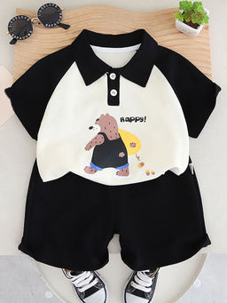 Hopscotch - Boys Black And White Bear Print Polo T-Shirt And Shorts