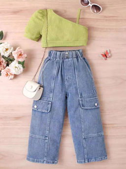 Hopscotch - Girls Green And Blue Textured Blouse And Jeans Set