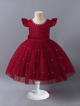 Hopscotch - Girls Red Beads Embellished Angle Sleeve Party Dress And Bow
