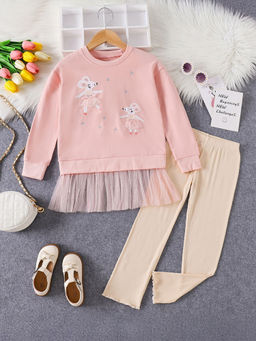 Hopscotch - Girls Pink And Cream Rat Applique Cotton Sweatshirt And Leggings Set