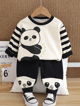 Hopscotch - Boys Black And Cream Panda Print Sweatshirt And Joggers Set