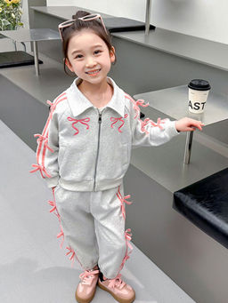 Hopscotch - Girls Grey Bow Applique Jacket And Joggers Set