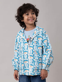 Hopscotch - Boys Blue And White Text Print Full-Sleeve Jacket