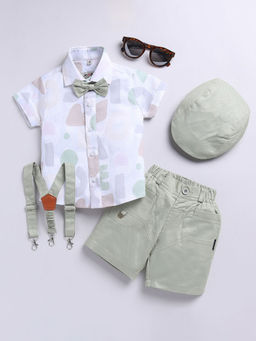 Hopscotch - Boys Cotton Olive And White Abstract Print Shirt And Shorts Formal Set