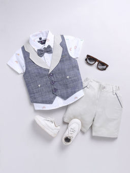 Hopscotch - Boys Cotton Grey And White All-Over Print Shirt, Waistcoat And Shorts Formal Set