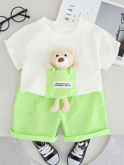 Hopscotch - Boys White And Green Text Print Teddy Bear Applique T-Shirt And Shorts