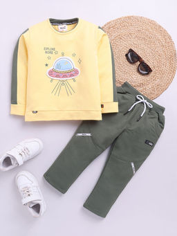 Hopscotch - Boys Yellow And Olive Space Theme Applique T-Shirt And Pant Set