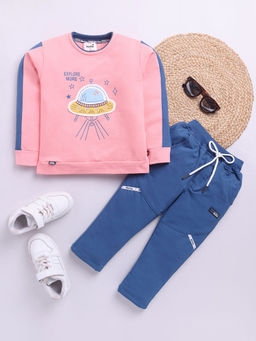 Hopscotch - Boys Pink And Blue Space Theme Applique T-Shirt And Pant Set