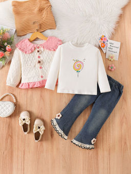 Hopscotch - Girls Multi Coloured Floral Applique T-Shirt, Jacket And Jeans Set
