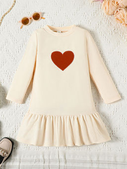 Hopscotch - Girls Beige Heart Applique Full-Sleeve Casual Dress