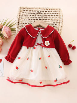 Hopscotch - Girls Red And Beige Strawberry Embroidered Full-Sleeve Casual Dress