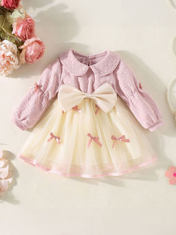 Hopscotch - Girls Pink And Beige Peter Pan Collar Bow Applique Full-Sleeve Party Dress