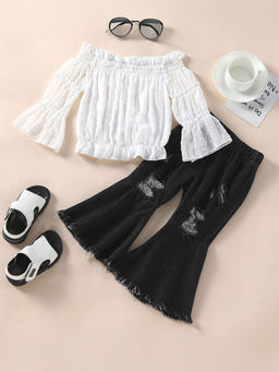 Hopscotch - Girls White And Black Textured Blouse And Jeans Set