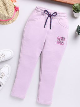 Hopscotch - Girls Lilac Text Print Cotton Trackpant