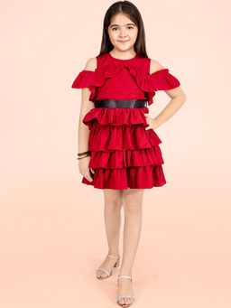 Hopscotch - Girls Red Solid Cold Shoulder Sleeve Tiered Party Dress With Belt