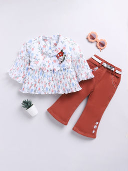 Hopscotch - Girls White And Copper Floral Print Cotton Blouse And Jeans Set With Belt