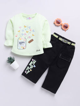 Hopscotch - Girls Mint And Black Heart Print Cotton T-Shirt And Jeans Set With Belt