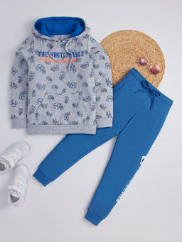 Hopscotch - Boys Grey Melange And Blue Bear Print Cotton Hooded Sweatshirt And Joggers Set