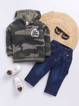 Hopscotch - Boys Olive And Blue Camouflage Print Hooded Cotton Sweatshirt And Jeans Set