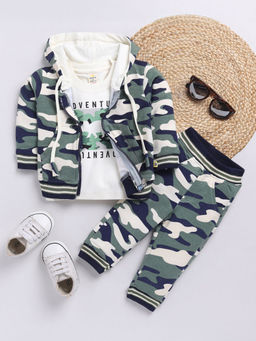 Hopscotch - Boys Olive And White Camouflage Print Cotton T-Shirt, Sweatshirt And Joggers Set