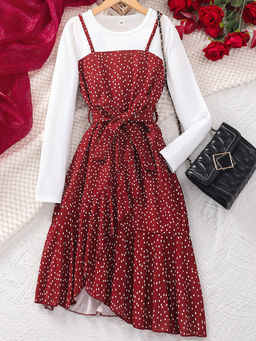 Hopscotch - Girls Red And Maroon Polka Dot Print Full-Sleeve Ruffled Casual Dress With Belt
