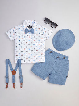 Hopscotch - Boys Blue And White Car Print Cotton T-Shirt And Shorts Formal Set