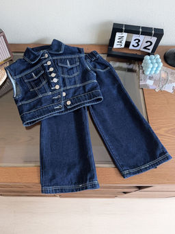 Hopscotch - Girls Blue Solid Waistcoat And Jeans Set