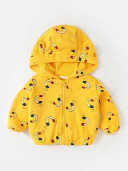 Hopscotch - Boys Yellow Magnet Print Full-Sleeve Hooded Jacket