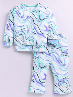 Hopscotch - Girls Blue And White Abstract Print Cotton Sweatshirt And Pant Set