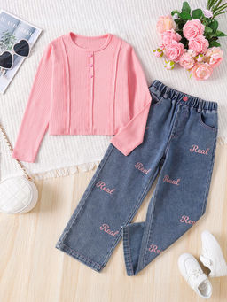 Hopscotch - 2-Piece Text Print Blouse And Jeans