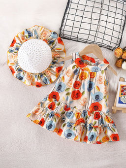 Hopscotch - Floral Print Casual Dress With Cap
