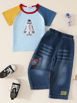 Hopscotch - 2-Piece Rocket Embroidered T-Shirt And Jeans