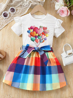 Hopscotch - 2-Piece Heart Print Blouse And Skirt With Belt
