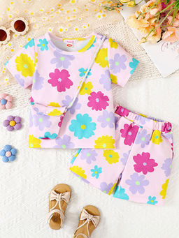 Hopscotch - 2-Piece Floral Print Blouse And Shorts With Bag