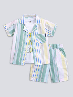 Hopscotch - 3-Piece Striped Cotton Shirt, T-Shirt And Shorts