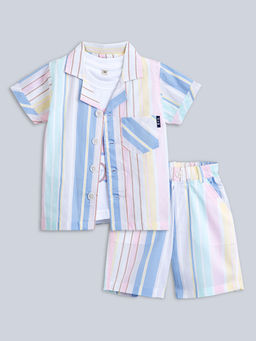 Hopscotch - 3-Piece Striped Cotton Shirt, T-Shirt And Shorts