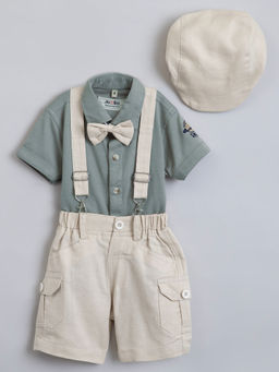 Hopscotch - 2-Piece Pure Cotton Embroidered Shirt, Shorts With Suspender And Cap