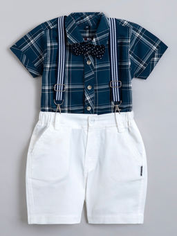 Hopscotch - 2-Piece Pure Cotton Plaid Print Shirt, Shorts With Suspender And Bow