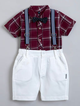Hopscotch - 2-Piece Pure Cotton Plaid Print Shirt, Shorts With Suspender And Bow