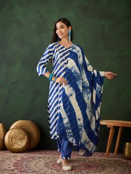 Vastramyaa - Navy Blue Striped Printed Kurta with Pant and Dupatta (Set of 3)