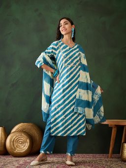 Vastramyaa - Teal Blue Striped Printed Kurta with Pant and Dupatta (Set of 3)