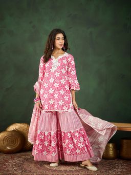 Vastramyaa - Pink Floral Kurta with Sharara and Dupatta (Set of 3)