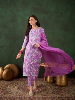 Vastramyaa - Purple Floral Printed Kurta with Pant and Dupatta (Set of 3)