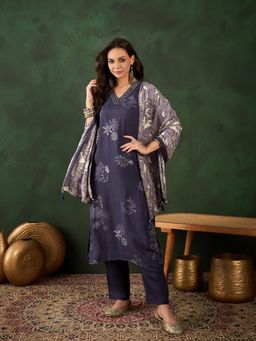 Vastramyaa - Navy Blue Floral Printed Kurta with Pant and Dupatta (Set of 3)