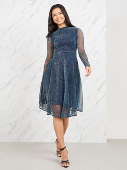 Styli - Navy Blue Fit & Flare Knee Length Full Sleeves Shimmer Dress