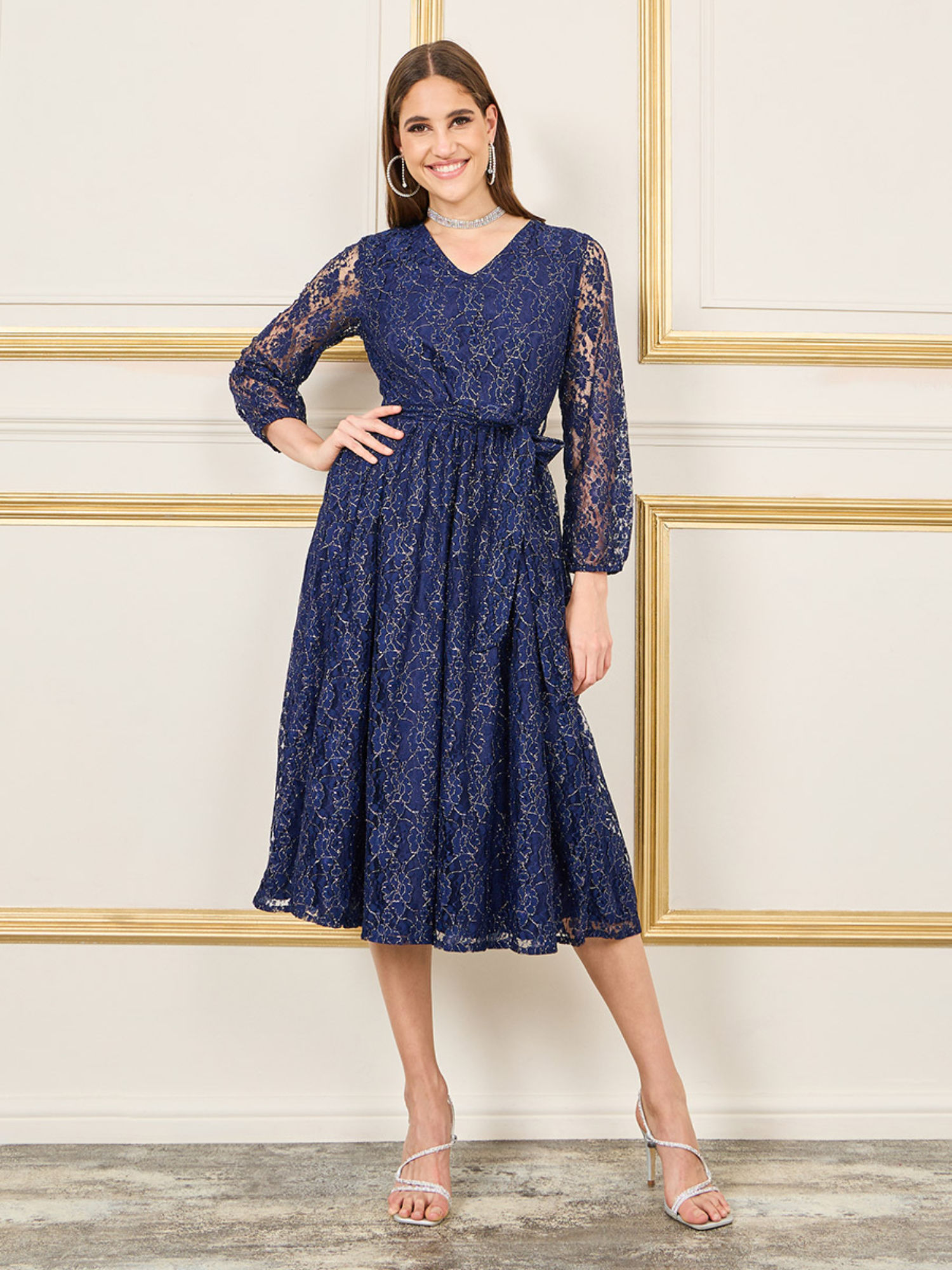Buy Styli Womens Navy Blue All Over Lace Self Tie Up A-Line Midi Dress  Online