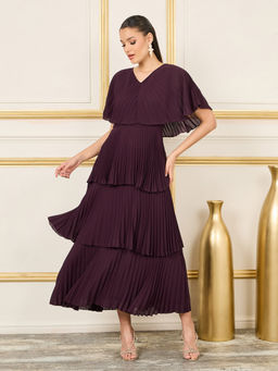 Styli - Womens Purple Pleated Cape Sleeves Layered Tiered Maxi Dress