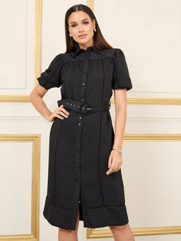 Styli - Womens Black Shirt Dress with Lace Inserts and Belt (Set of 2)