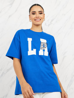 Styli Elevate - Womens Blue Oversized LA City Names Print Round Neck Cotton T-Shirt