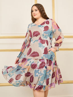 Styli - Womens Multi Plus Knee Length Dress with Full Sleeves